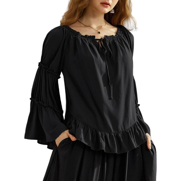 Women Bell Sleeve Tops Ruffle Off Shoulder Casual Loose Renaissance Blouse - Picture 1 of 6